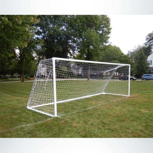 Model #MSGC66186. 6'6" x 18'6" 3" round aluminum soccer goal with channel net attachment.