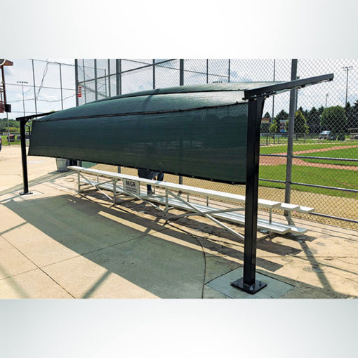 Model #BLD. Bleacher defender to provide shade and protection from baseballs and softballs. Rear view.