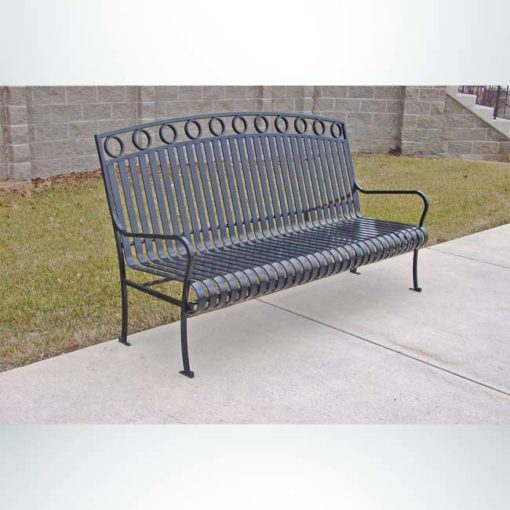 Model #PRISUB. Metal outdoor bench in black finish for parks and city streets.