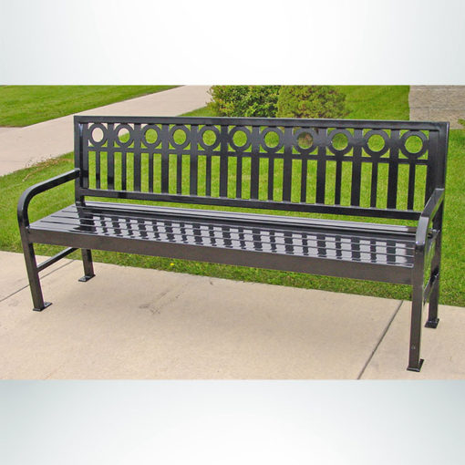 Model #PRASPEN74. Metal outdoor bench in gray for city streets and parks.