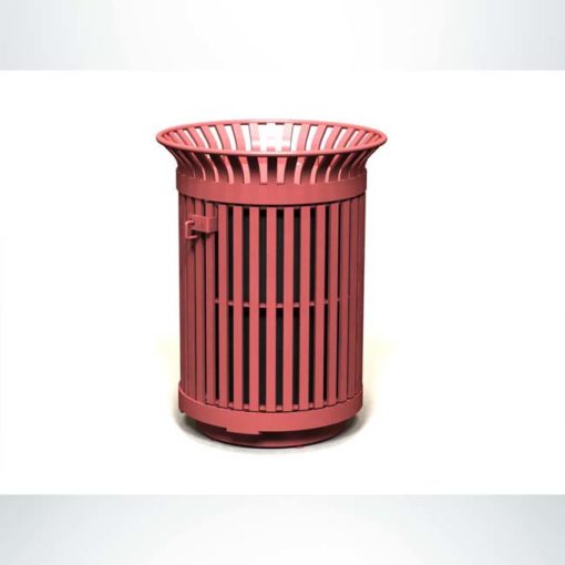 Model #PRAVE24. Round metal outdoor trash receptacle in red.
