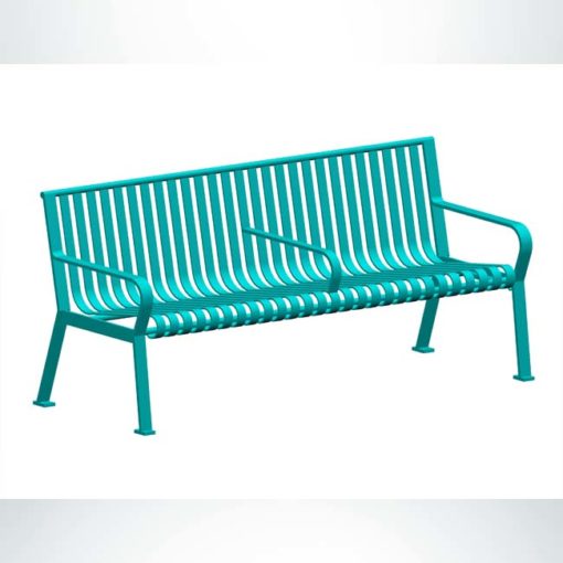 Model #PRCAM72. Metal outdoor park bench with optional arm center in custom turquoise.