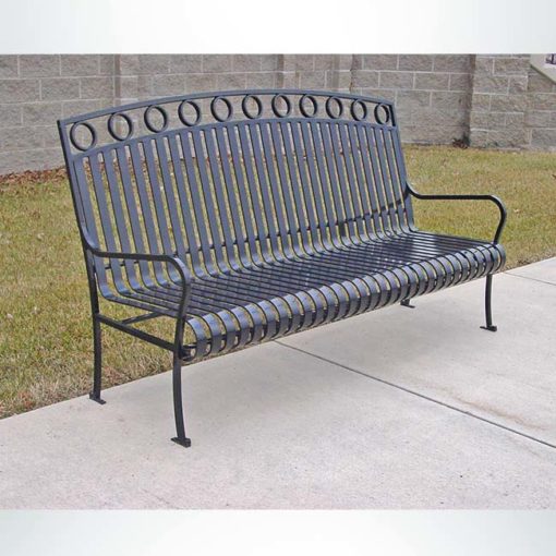 Model #PRISUB72. Metal outdoor park bench in gray metal for city streets and parks.