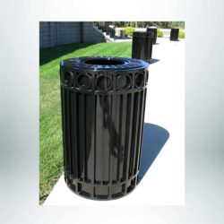 Model #PRISUT40. Round outdoor trash receptacle in black.