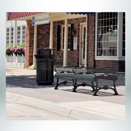 Model #PRFBF72. Flat outdoor bench for city streets and parks.