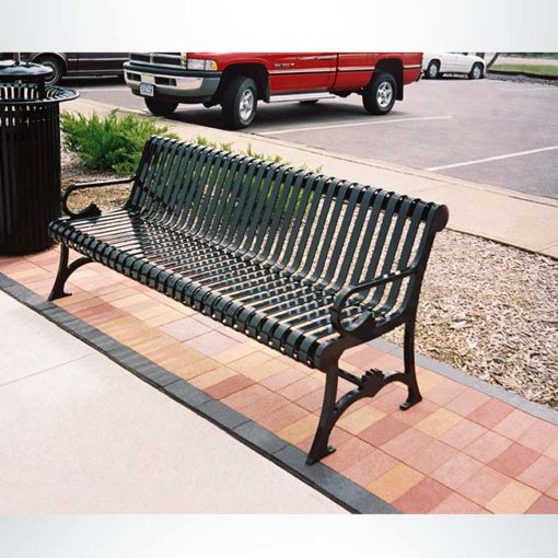 Model #PRLB. Metal outside bench in black for parks and city streets.