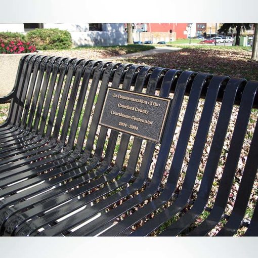 Model #PRLB. Metal outside memorial park bench in black with custom plaque.