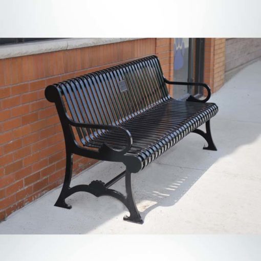 Model #PRLB. Metal outside bench in black for parks and city streets.