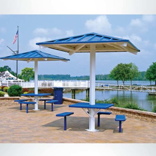 Model #RCPASSQ81P-04. 8'x8' all steel one post square hip shelter with connecting table and benches.