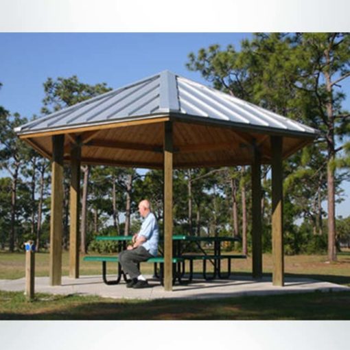 Model #RCPLWHEX20-06. 20' diameter laminated wood hexagonal park shelter with optional metal roofing.