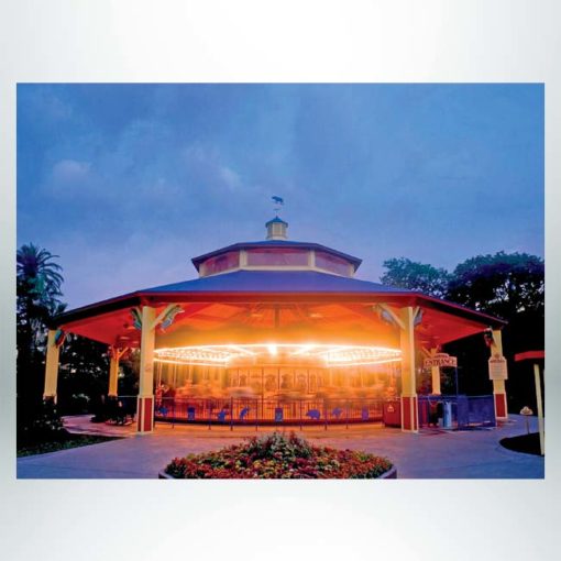 Model #RCPLWOCT842T-04-C. 84' diameter laminated wood two-tier octagonal carousel cover shelter with cupola.