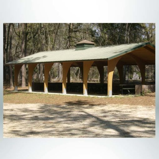 Model #RCPLWAG2852-04. 28'x52' laminated wood arch gable park shelter with optional cupola.