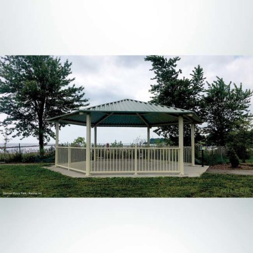 Model #RCPASHEX28-04. 28' radius all steel gazebo style park shelter.