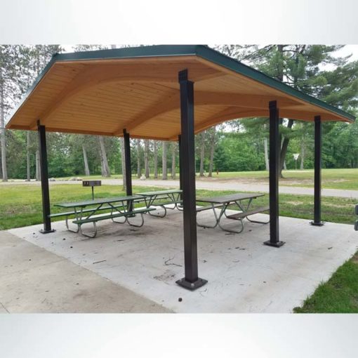 Model #RCPLWG202003. 20'x20' laminated wood gable shelter with optional steel columns and metal roofing.