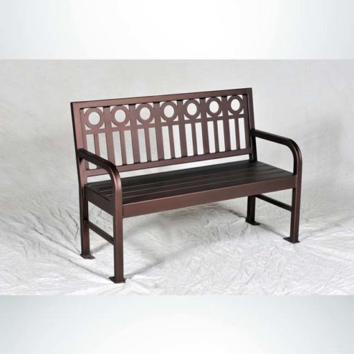 Model #PRASPEN48. Outdoor steel bench in custom cinnamon for parks, businesses and city streets.