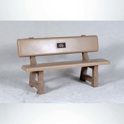 Model #PB58. Memorial park bench with bronze plaque. Sand and tan with etch legs.