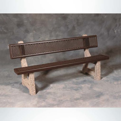 Model #PRPBM6. Outdoor bench powder coated brown mesh and dove gray perma stone for parks, city streets and businesses.