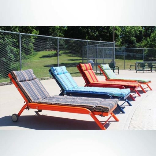 Model #PPS900101. Wheeled outdoor chaise lounges with adjustable backrests. Custom fitted cushions.