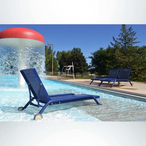 Model #PPS900101O2ALEA2. Blue wheeled outdoor chaise lounge with adjustable backrest.