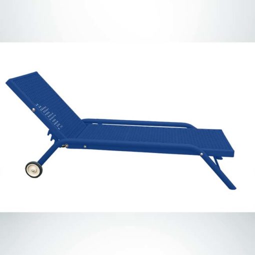 Model #PPS900101O22C. Blue wheeled outdoor chaise lounge with adjustable backrest.