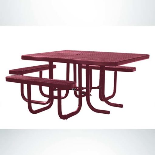Model #PPS927101O00C. Champion wheelchair accessible square picnic table. Burgundy, expanded metal, free standing.
