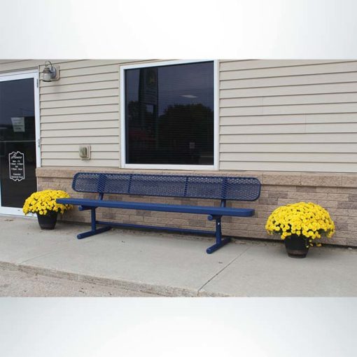 Model #PPS934501O22. Champion park bench with backrest. 8 foot, blue, expanded metal, free standing.