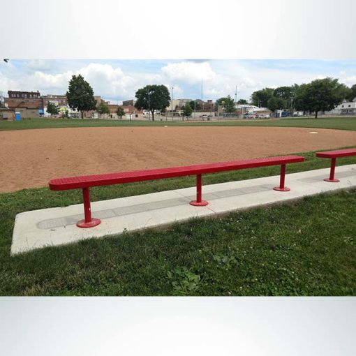 Model #PPS935607O11A. Champion park bench without backrest. 8 foot, red, expanded metal, surface mount.