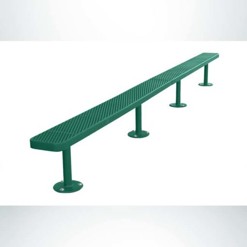 Model #PPS935707O33C. Champion park bench without backrest. 10 foot, hunter green, expanded metal, surface mount.