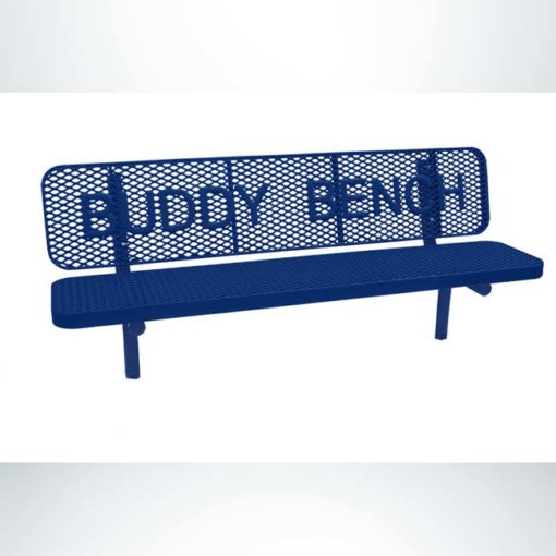 Model #PPS9363B1O22C. Champion Supreme buddy bench. 6 foot, blue, expanded metal, direct bury.