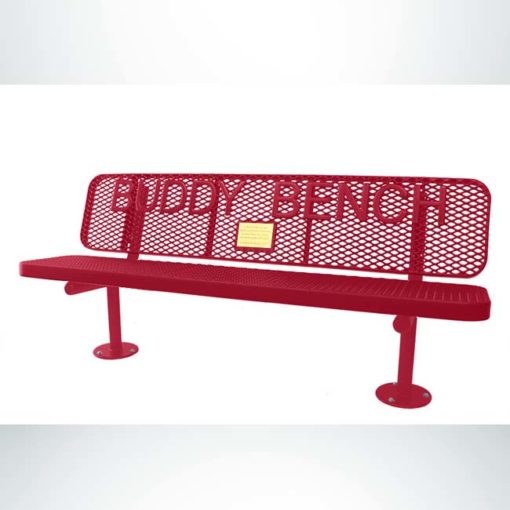 Model #PPS9363MB7O11. Champion Supreme memorial buddy bench. 6 foot, red, expanded metal, surface mount.