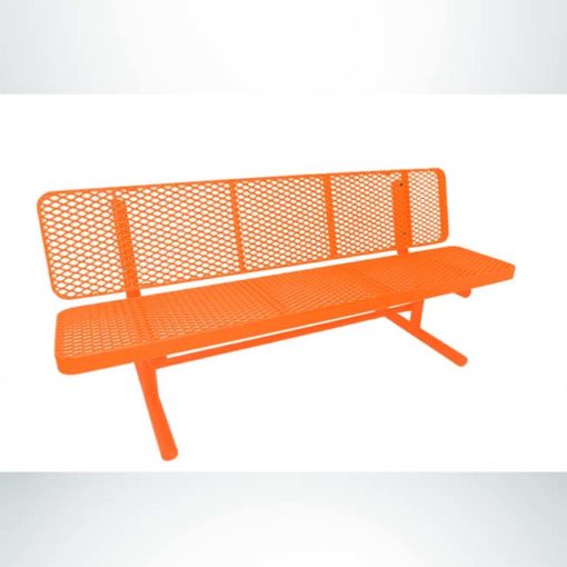 Model #PPS936501OAAC. Champion Supreme park bench with backrest. 6 foot, orange, expanded metal, free standing.
