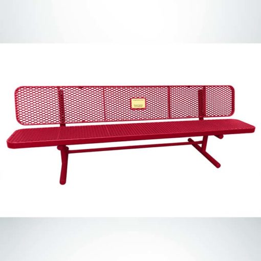 Model #PPS9365M1O11C. Champion Supreme memorial bench. 6 foot, red, expanded metal, free standing.