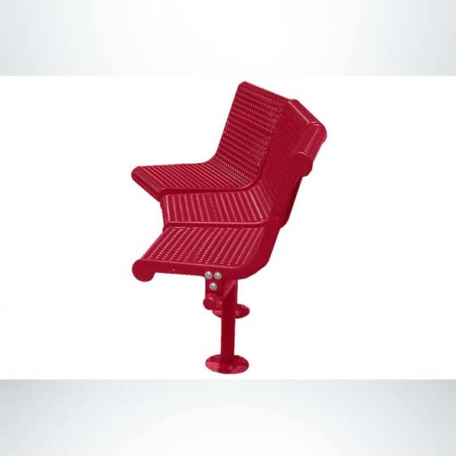 Model #PPS93845D711C. Grand Contour 45 degree 3 seat park bench with backrests. Red, perforated steel, surface mount.