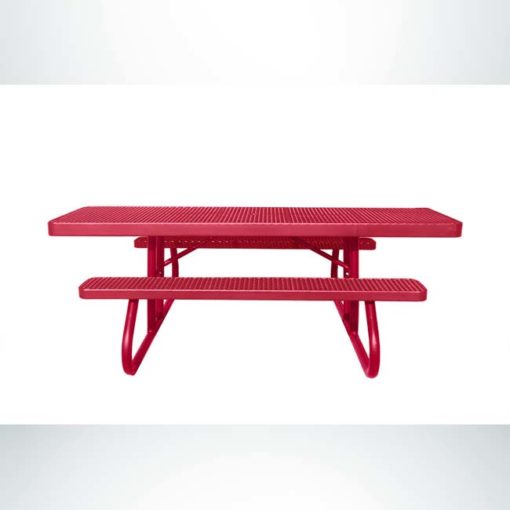Model #PPS950501O11C. Wheelchair accessible picnic table. 8 foot, red, expanded metal, free standing.