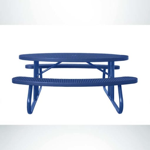 Model #PPS956301O22C. Champion oval picnic table. 6 foot, blue, expanded metal, free standing.