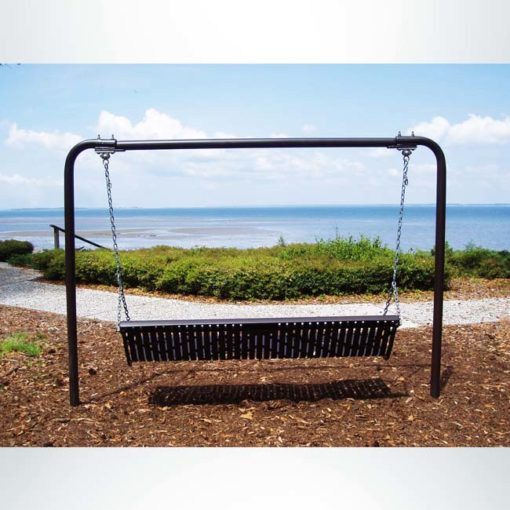Model #PPS971S3M. Grand Contour outdoor bench swing. 6 foot, black, laser cut, direct bury.