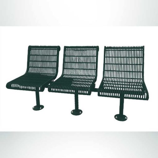 Model #PPS981307O66. Grand Contour 3 seat inline park bench with backrest. Evergreen, welded rod, surface mount.