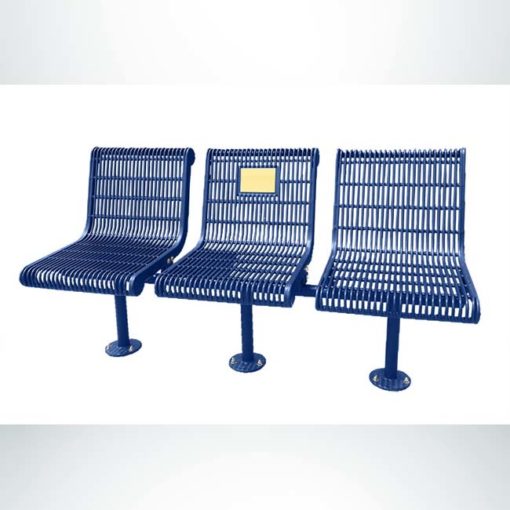 Model #PPS9813M7O22C. Grand Contour 3 seat inline memorial bench with backrests. Blue, welded rod, surface mount.