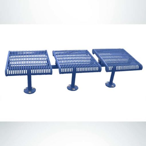 Model #PPS983307O22C. Grand Contour 3 seat inline park bench without backrest. Blue, welded rod, surface mount.