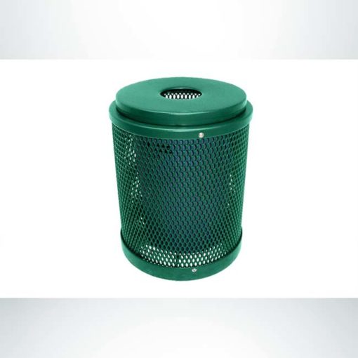 Model #PPS995031O33C. Hunter green, expanded metal, 32 gallon round trash receptacle with flat lit and liner.