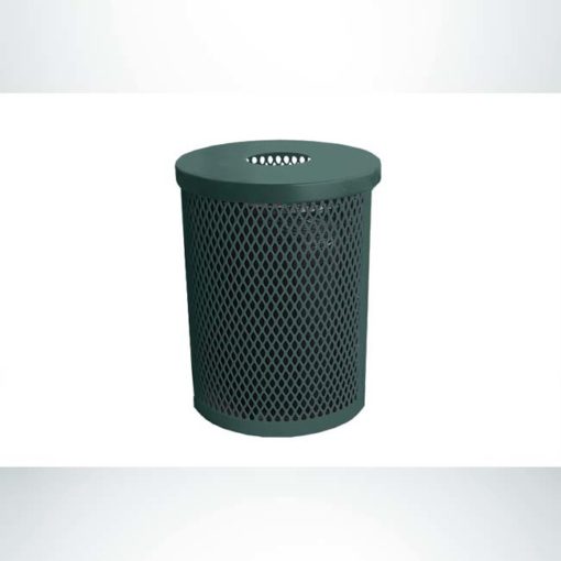 Model #PPS995131O66. Evergreen, expanded metal, 22 gallon round trash receptacle with flat lid and liner.