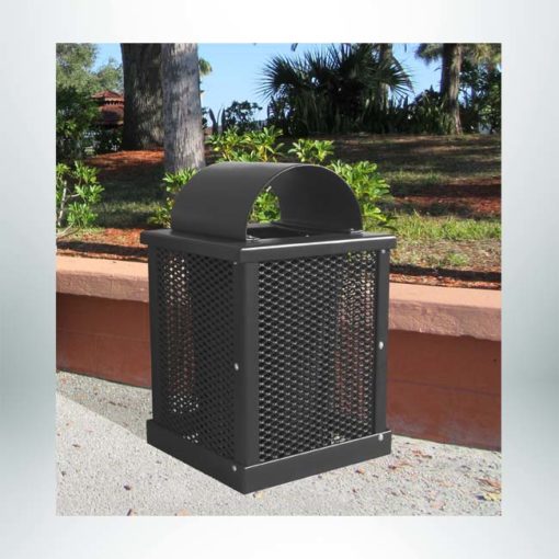 Model #PPS996031O99A. Brown, expanded metal, 32 gallon square trash receptacle with arch lid and liner.