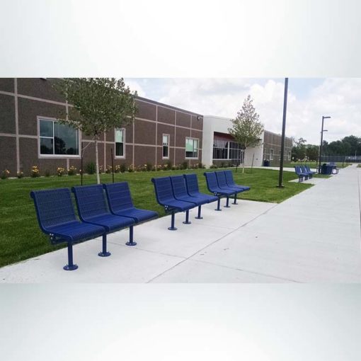 Model #PPS938302000. Grand Contour 3 seat inline park benches with backrest. Blue, welded rod, surface mount.