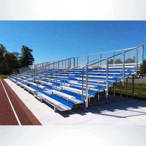 Model #10R25A1GR. 10 row 25'L bleachers with guardrail and royal blue risers.