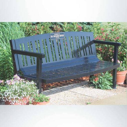 Model #PILRB102. Amherst series all steel 6 ft. contour memorial bench with custom laminate plaque for parks, schools and businesses. Powder coated black.