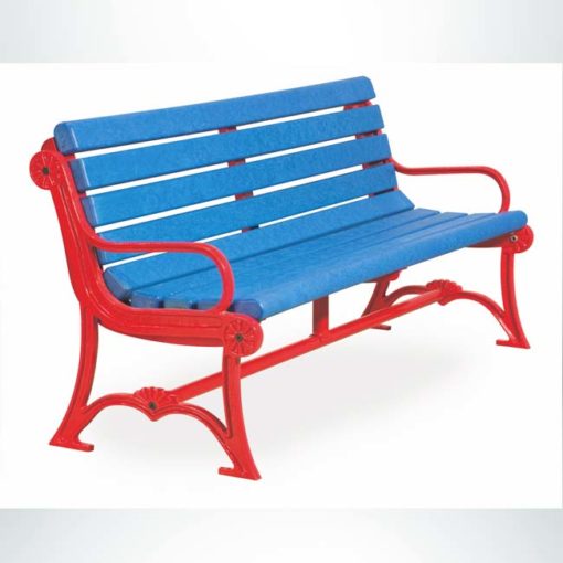 Model #PILBR94. Oak Knoll 4 ft. blue recycled plastic contour bench with red powder coated aluminum base. For parks, businesses and schools.