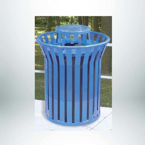Model #PILRCNRSS2. Vertical steel strap round 36 gallon trash receptacle powder coated blue for parks, schools and businesses.