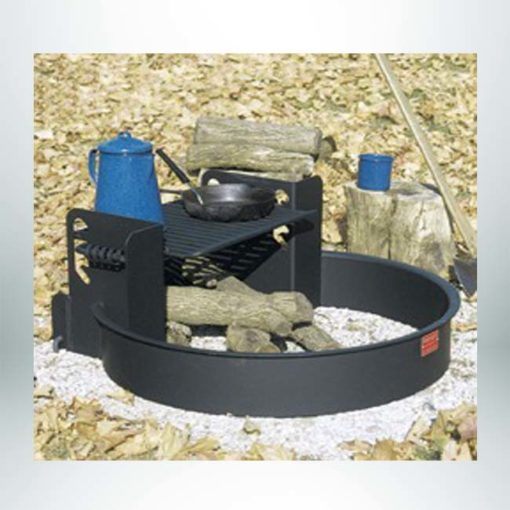 Model #PILRL32. Multi-level campfire ring with grate. Cooking grate is 300 sq. inches and hinged to tip over fire or out of ring.