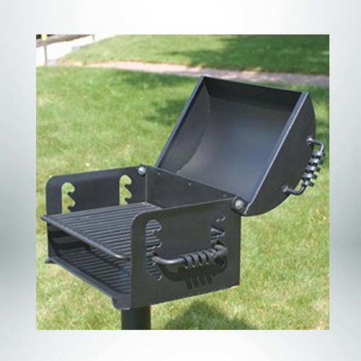 Model #PILRN20. Charcoal grill with 300 sq. inches of cooking area on a four level adjustable cooking grate. Grill attached to base post with a swivel mechanism.