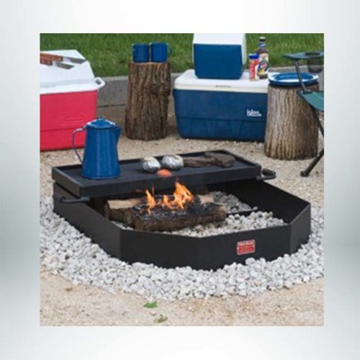 Model #PILRO34. Large group campfire ring for large campfires or smaller cooking fires under grate. Cooking grate is 510 sq. inches and hinged to tip over fire or out of ring.